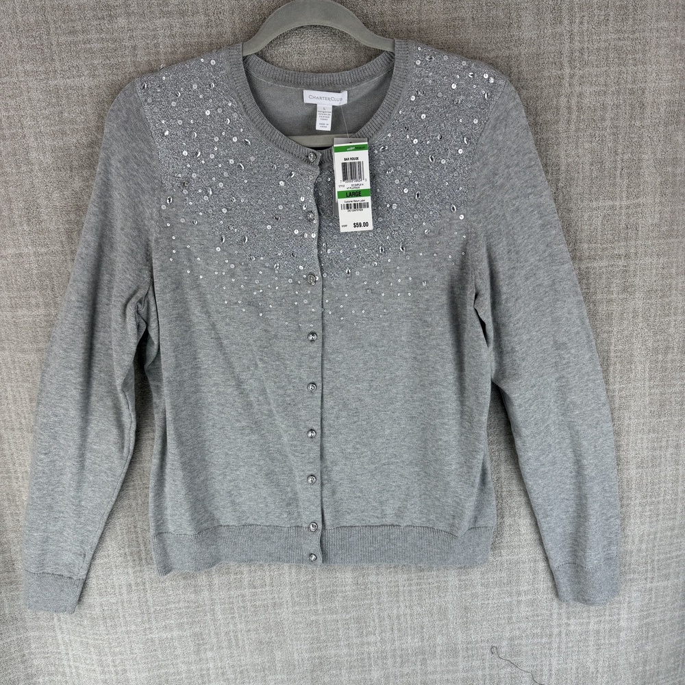 Charter Club Cardigan Womens L Gray Sequin Rhinestone Crew Neck Long Sleeve